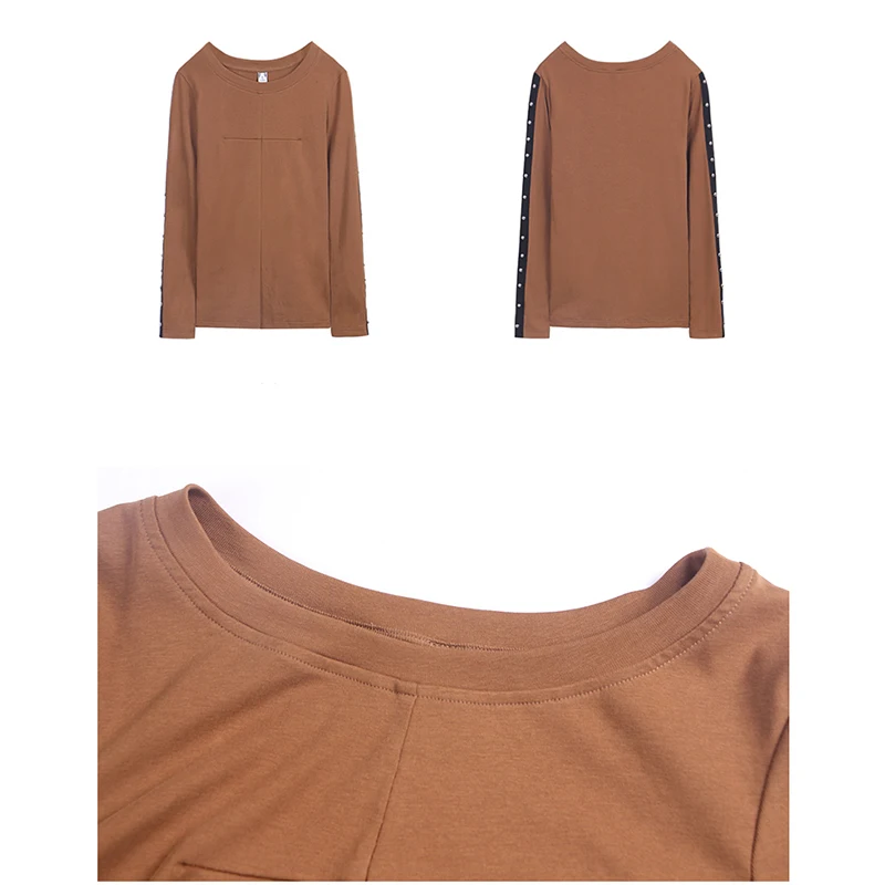 Shintimes Autumn Patchwork T Shirt Women Camisetas Mujer Cotton Ladies Slim Tops Rivet Long Sleeve Tee Shirt Femme 5 Colors