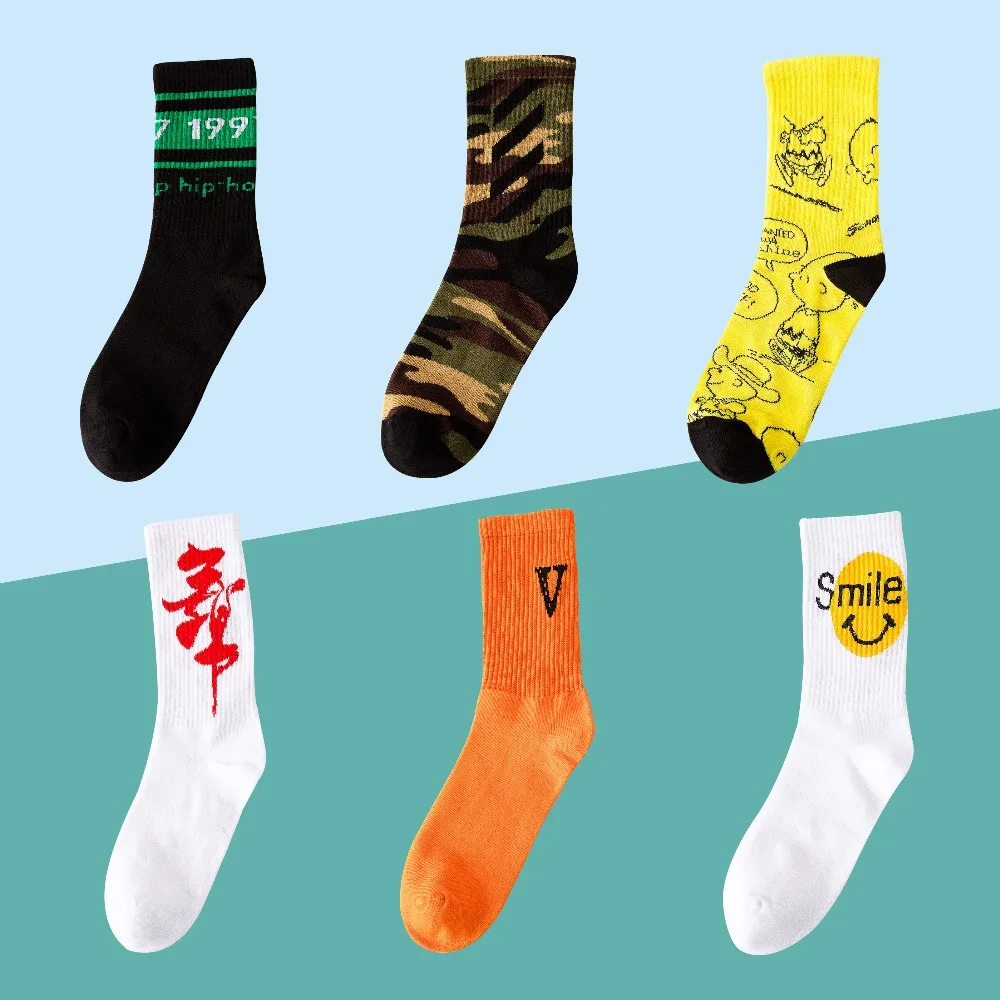 Street socks Soft Cotton Striped Printed Modern Hip-hop Cool Skateboard Harajuku Funny Socks For Couple | Мужская одежда