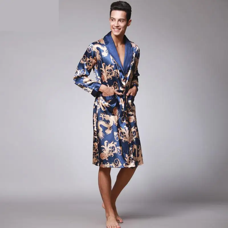 Men Blue Robe Роскошное кимоно с узором пейсли, халаты, Мужская шелковая атласная ночная рубашка, женское кимоно, халат, одежда для сна, пижамные комплекты - Цвет: Men Blue Robe