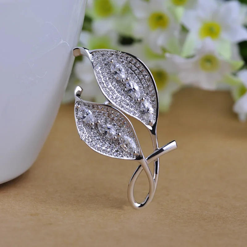 Высококлассные Циркон Двойные Листья Женщины Броши Люкс Свадебное Золото Родием