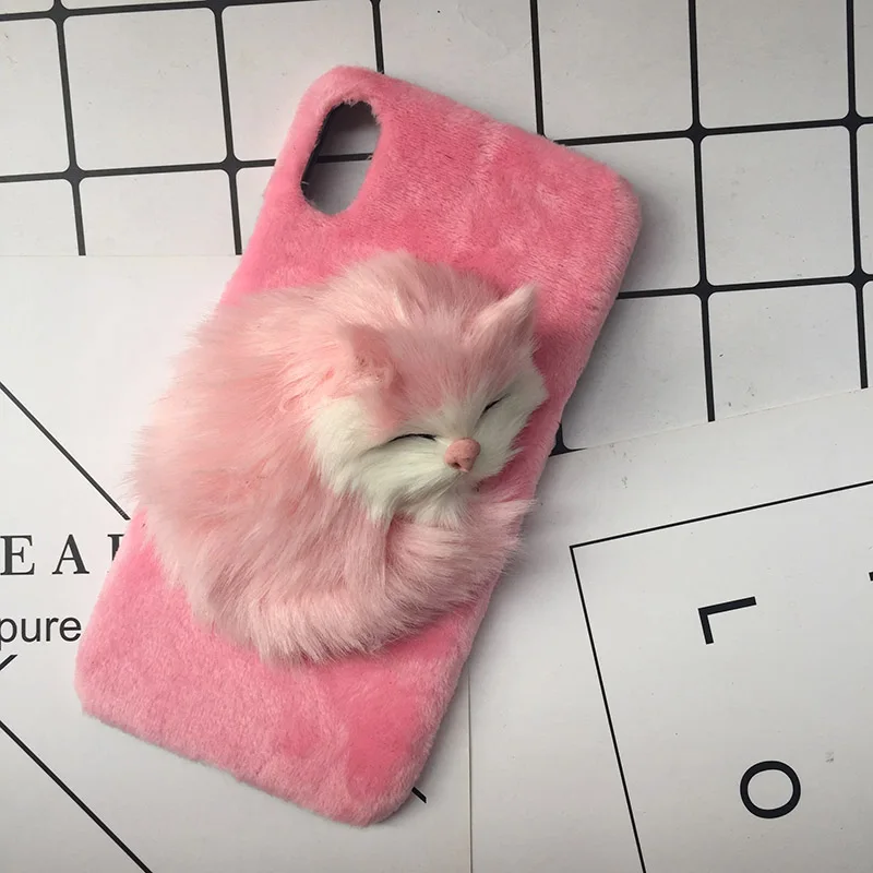 Милые DIY пушистые теплые чехлы для телефонов с кошкой для сна для iPhone X, XR, XS, Max, 8, 7, 6 S, 6 Plus, Жесткий ПК, плюшевая повязка для волос, меховой защитный чехол