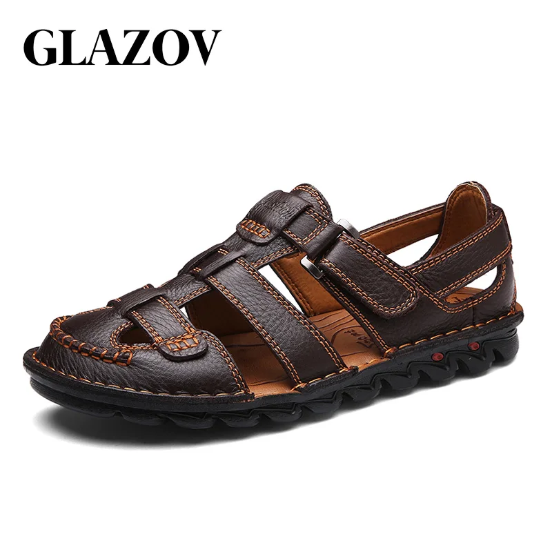 

GLAZOV Genuine Leather Men Sandals Shoes Fretwork Breathable Fisherman Shoes Style Retro Gladiator Summer men Business Shoes