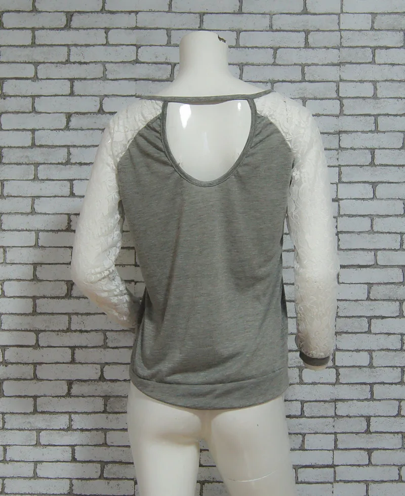 Rogi женская футболка 2019 длинный рукав кружево пэчворк джемпер серая футболки