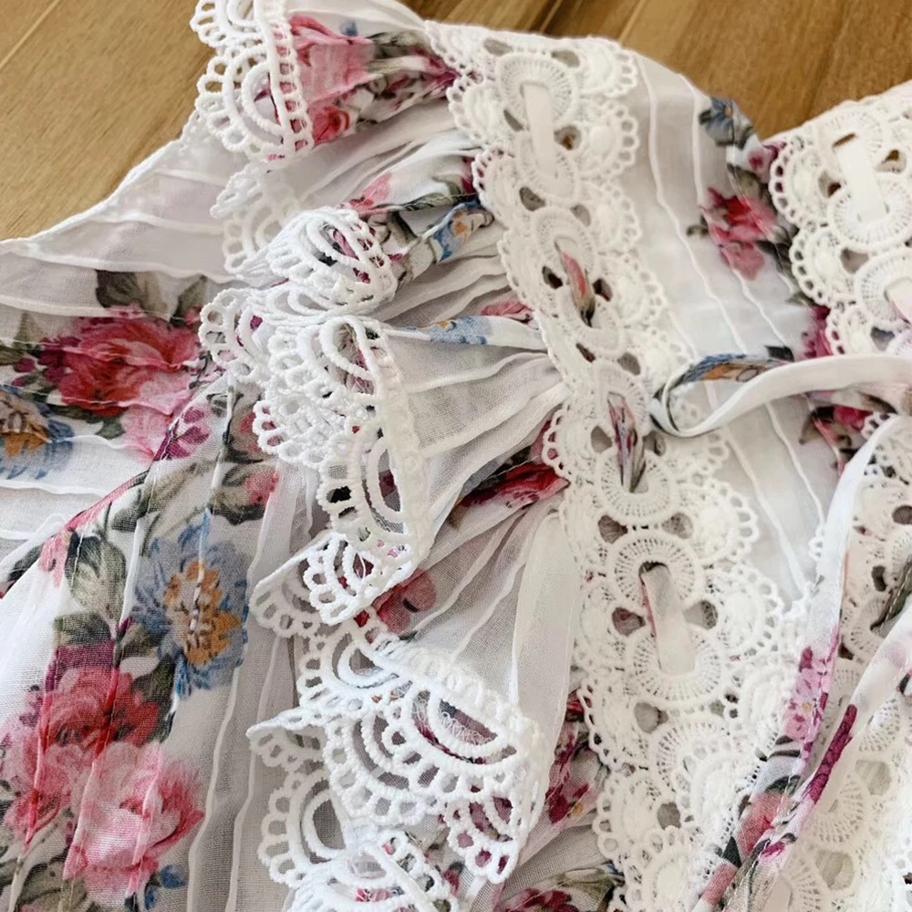 Baogarret Women Autumn Cotton Blouse Stand Collar Ruffles Flare Sleeve Vintage Flower Print Shirt Elegant Party Top |