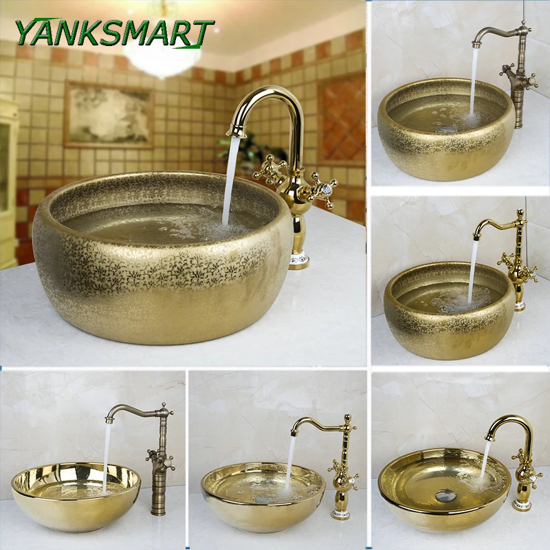 YANKSMART роскошный кран для ванной комнаты круглая Золотая Чаша раковины умывальник