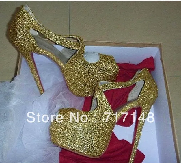 sexy gold black crsytal wedding shoes red bootom high heel Wedding party | Обувь