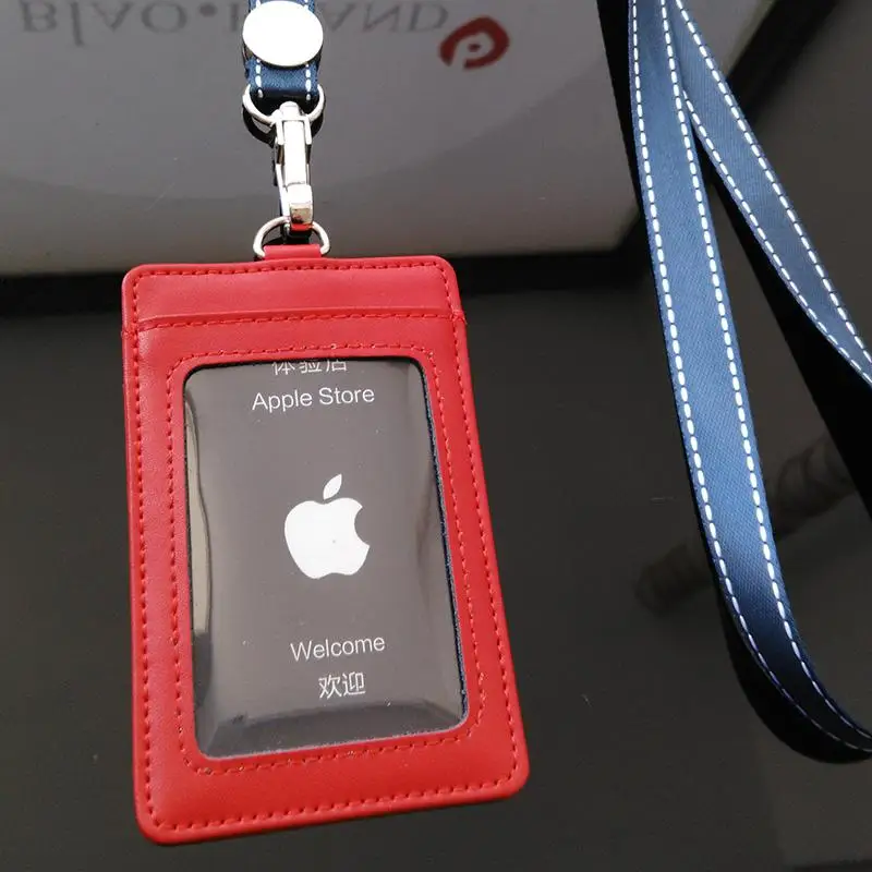 Кожаный бейджик Кредитная рамка открытки карта памяти чехол Lanyards держатель удостоверения личности держатель карточки на шею крышка лента-держатель для бейджей - Цвет: red