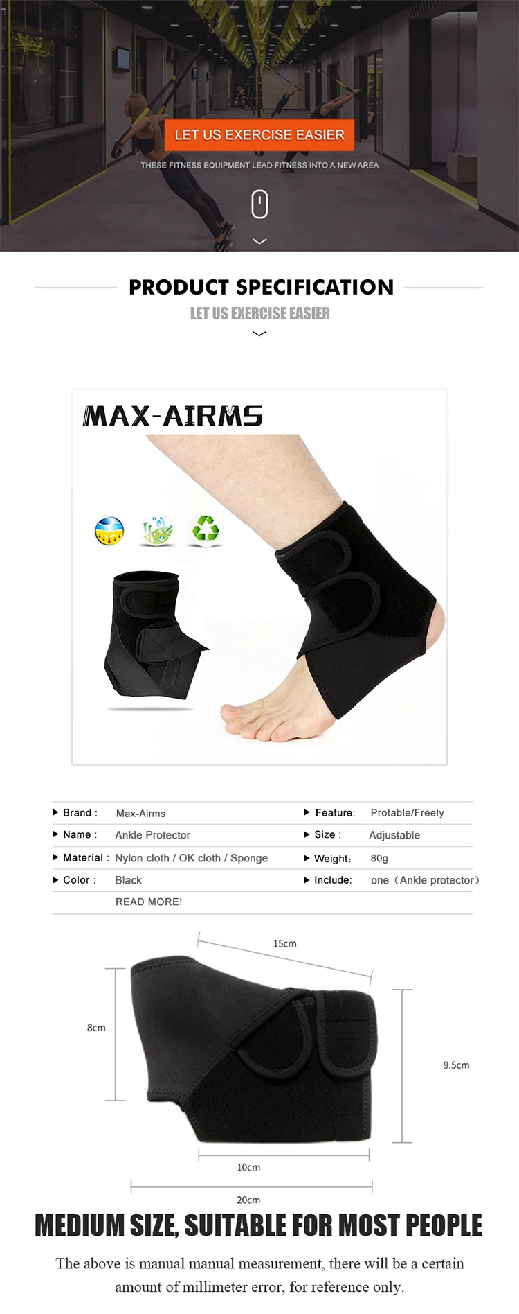 Maxairms 1 PCS Ankle Support Brace, Elasticity Pressing Protection Foot Bandage, Sprain Prevention Sport Fitness Guard Band