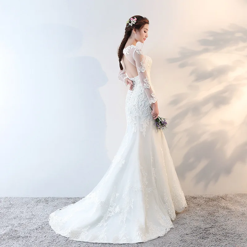 Vivian's Bridal 2018 корейский стиль белое свадебное платье Русалка Иллюзия Кружева