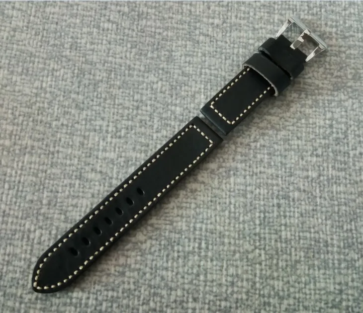 

22mm High quality Cow Leather black watch strap with 316L Stainless steel Pin buckle 010