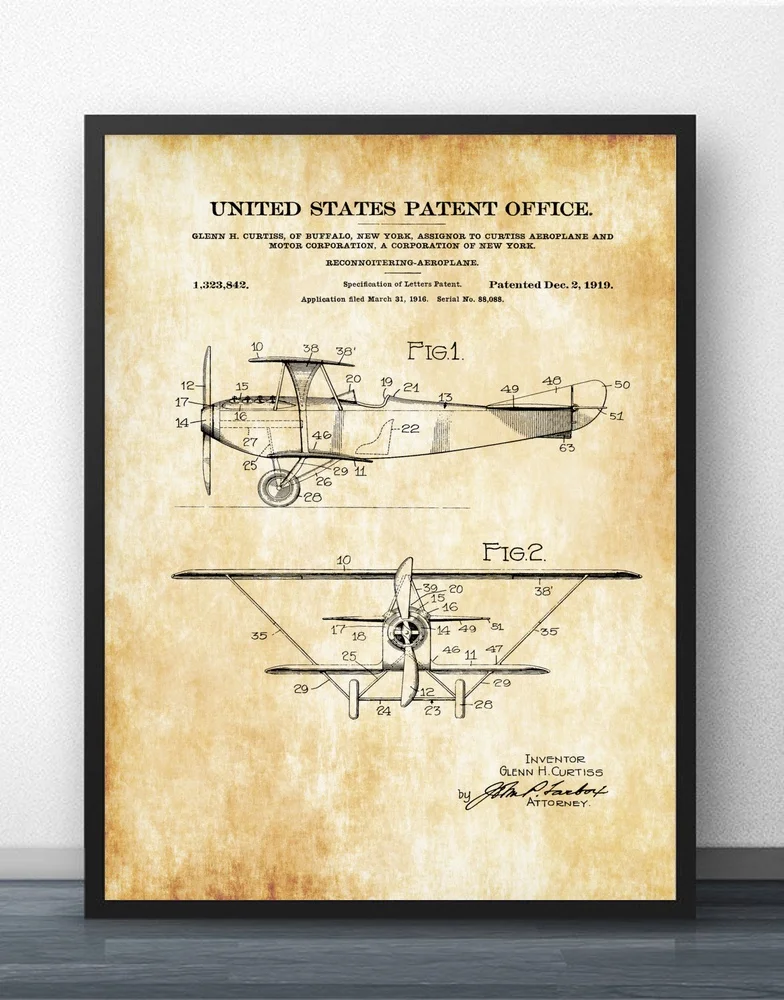Разведывающий бисамолет Curtiss 1919 патентный план настенное искусство краска Декор