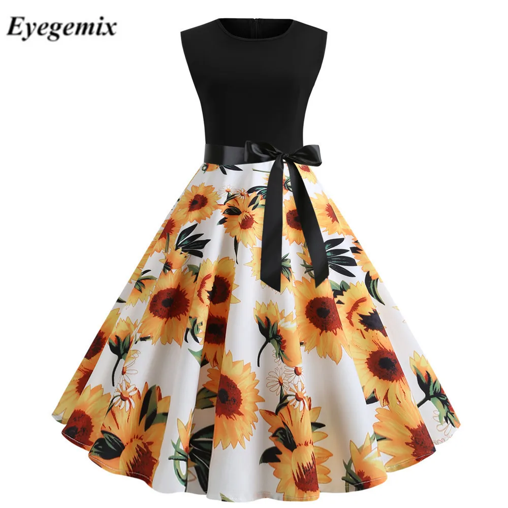 Летнее платье в винтажном стиле Хепберн Черная роза цветок цветочный принт