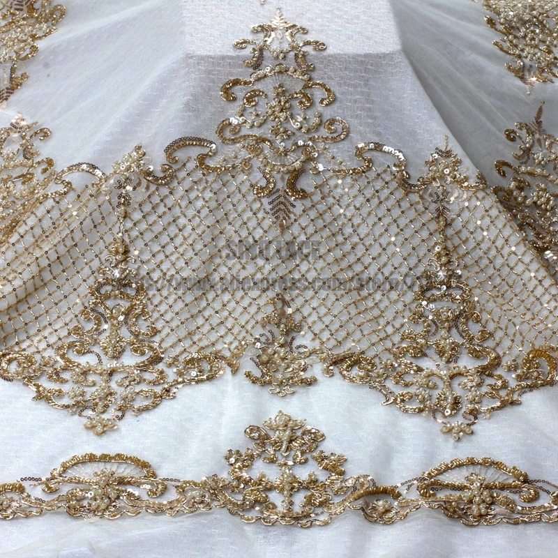 La Belleza Серебряная вышитая бисером кружевная ткань невесты ручной работы из бисера 1 ярд
