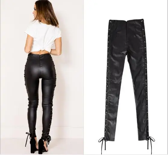Женские эластичные брюки из искусственной кожи двухсторонние ремни с высокой