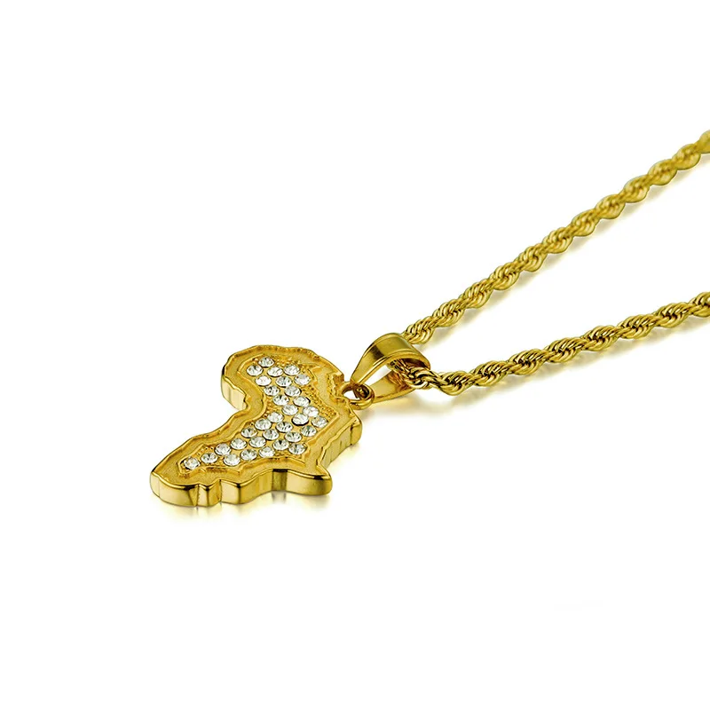 Stainless Steel Crystal Africa Map Pendant Necklace Charm Golden 3MM Rope Chain Religious Jewelry Metal Men Gifts | Украшения и