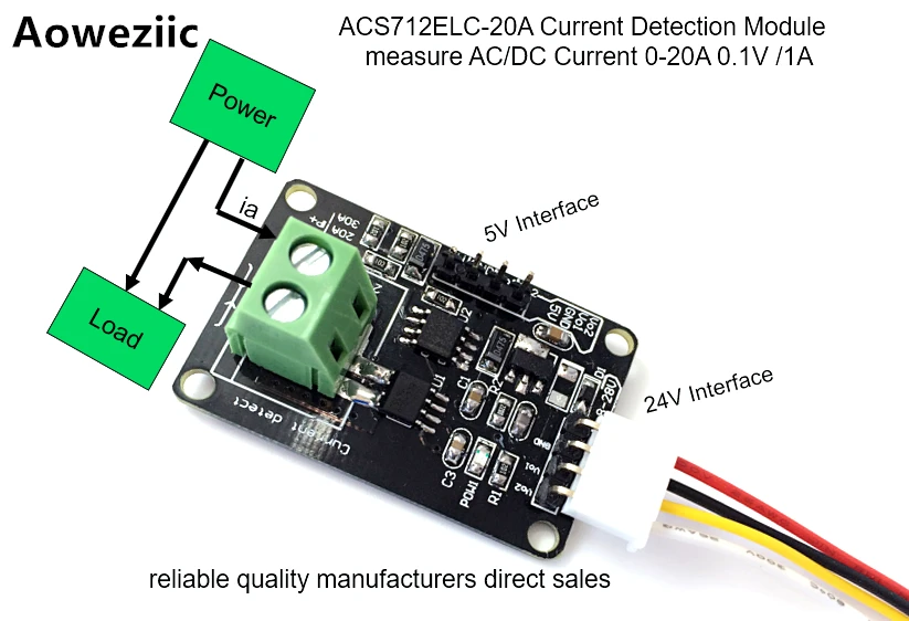 Aoweziic - Датчик тока модуль ACS712 20A ACS712ELCTR-20A ACS712TELC-20A 0-20A с выходным напряжением 0.1 В/1 А, питание 5 В или 24 В.