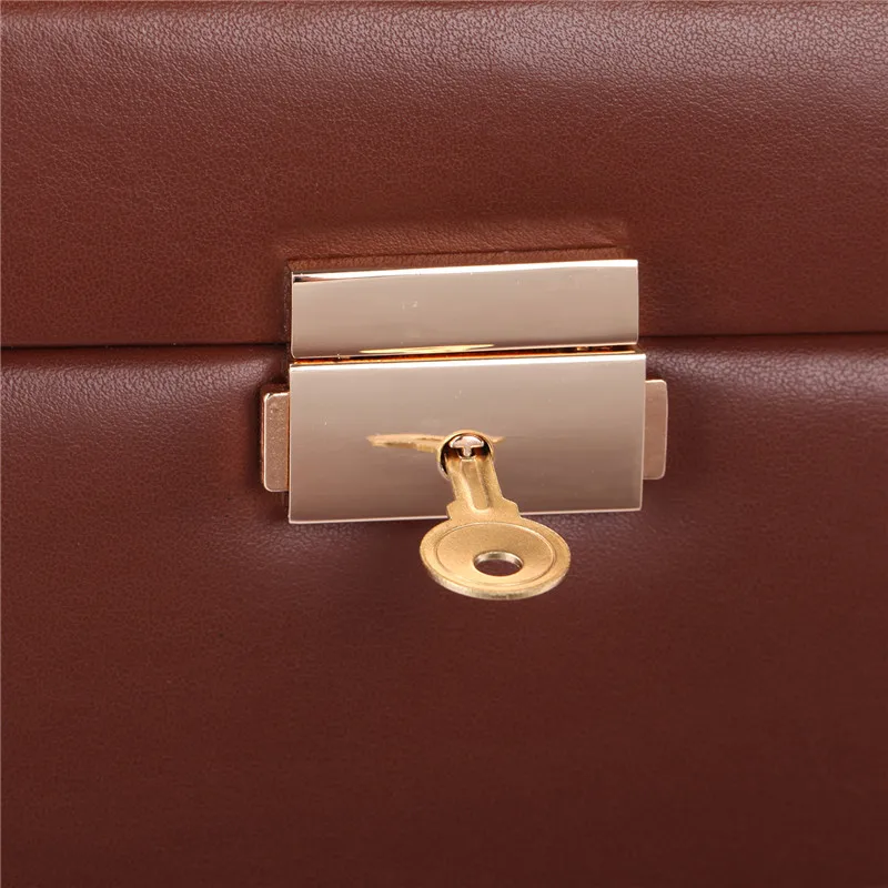 

Brown Large Jewelry Box Girls Necklaces Rings Organizer Earrings Container Women Display Storage Case Lock Leather Holder Mirror