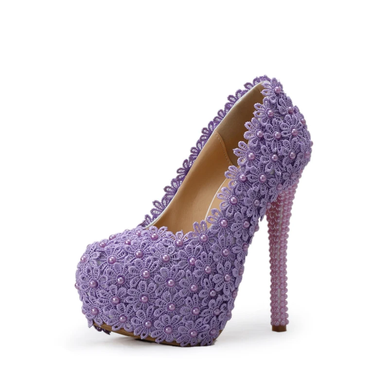 Фиолетовые свадебные туфли с кружевными цветами ручной работы на высоком