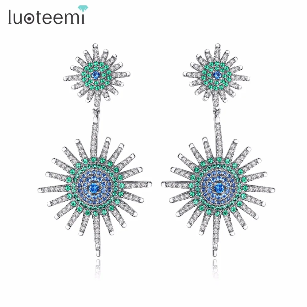LUOTEEMI 2018 Новая мода солнце две четкие с сине зеленым камнем капли высокое качество