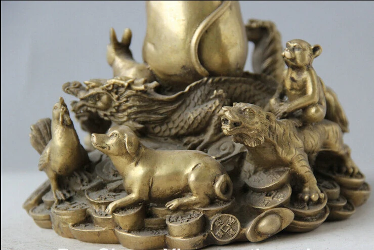 856++7&quot Chinese Brass 12 Zodiac Year Mouse Rat Mice Horse Tiger Pig Bull Statue Set | Дом и сад