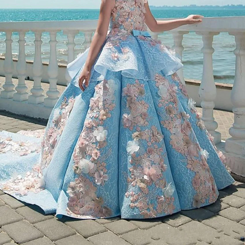 

Gorgeous 2018 Sky Blue Flower girl Dresses Ball gown 3D Flowers Beautiful girls pageant dress first communion dresses for girls
