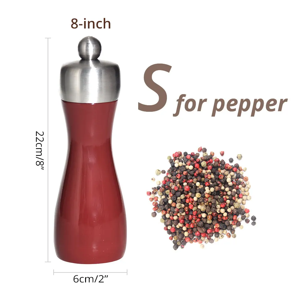 8 inch for PEPPER Высококачественная деревянная мельница для соли и перца, буковая мельница для перца, шейкеры с регулируемой углеродистой сталью или керамическим сердечником, ярко-красный - Цвет: 8 inch for PEPPER