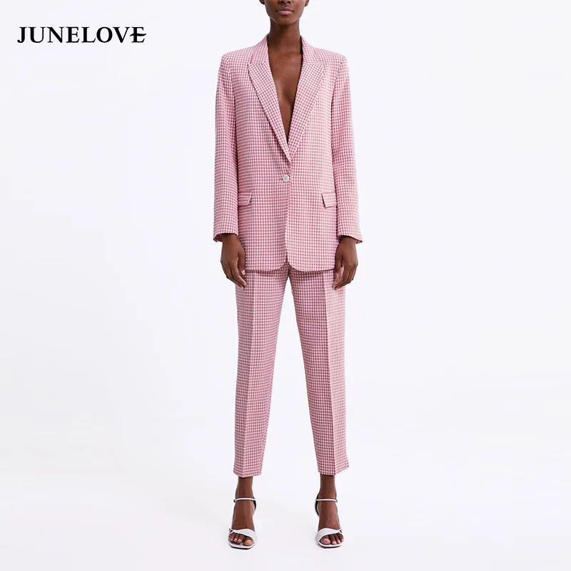 Женский клетчатый пиджак JuneLove розовый свободный в винтажном стиле офисный