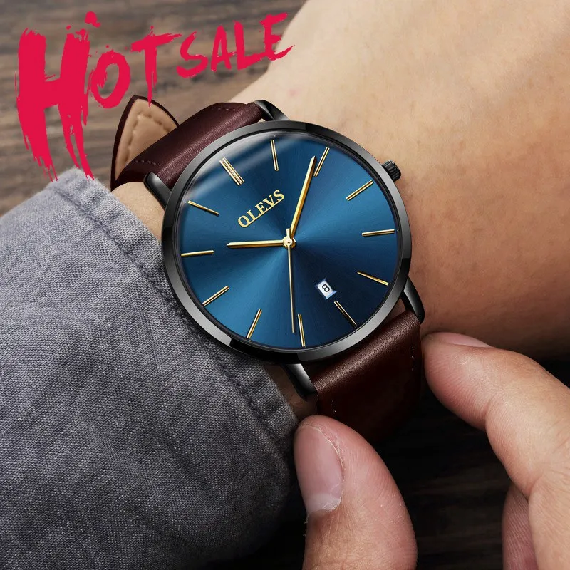 brown black blue Для мужчин Часы Элитный бренд olevs кварцевые Пояса из натуральной кожи ремень минималистский ультратонких наручные Часы Водонепроницаемый высокое качество Relogio - Цвет: brown black blue