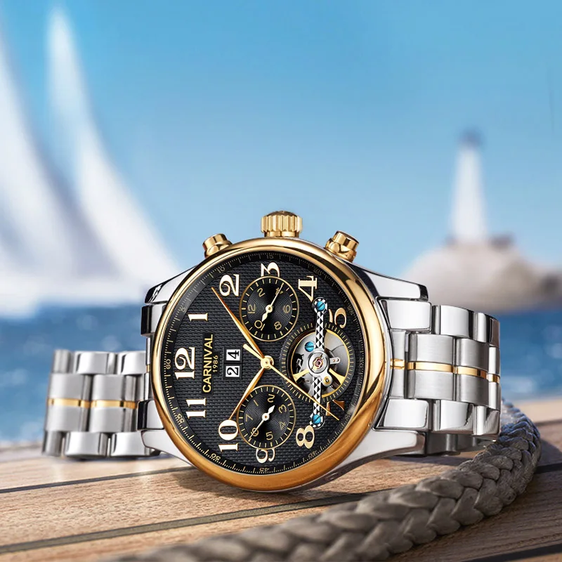 Tourbillon Мужские деловые модные часы, кожаные часы, мужские автоматические механические часы, водонепроницаемые relogi 25 rubies move men t, новинка - Цвет: Golden black