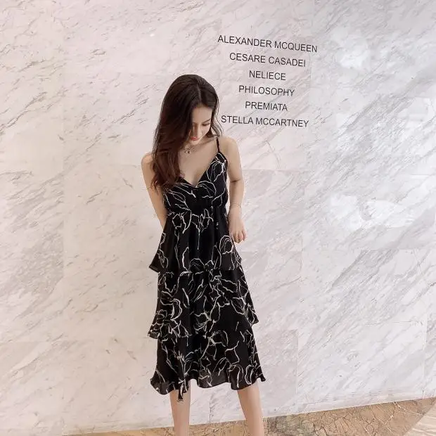 Летние женские модные тонкий с открытыми плечами Темперамент шифон Слинг печать