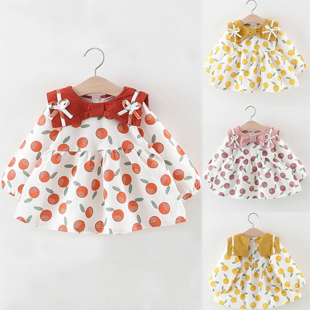 Платье для девочек платье с длинным рукавом и бантом маленьких оранжевое
