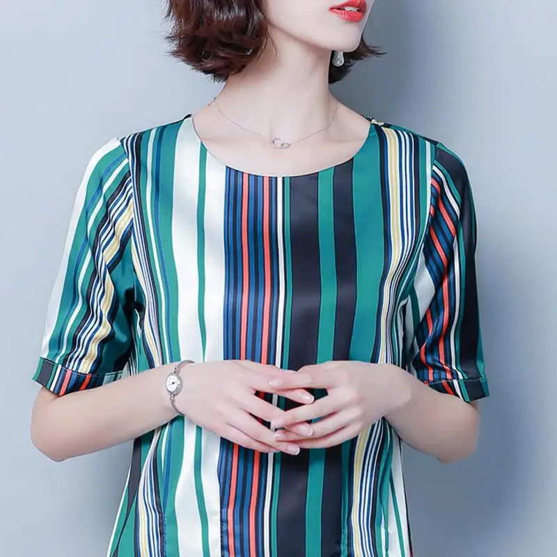 Summer new loose Shirt temperament elegant fashion sweet striped silk slim short-sleeved round neck blouse 4XL |