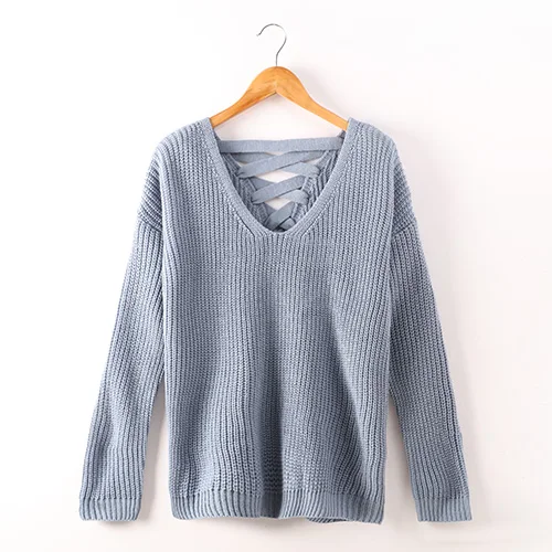 Light blue Вязаный женский свитер осень осенний модный свитер без спинки с v-образным вырезом женские свитера винно-красный женский пуловер для женщин - Цвет: Light blue