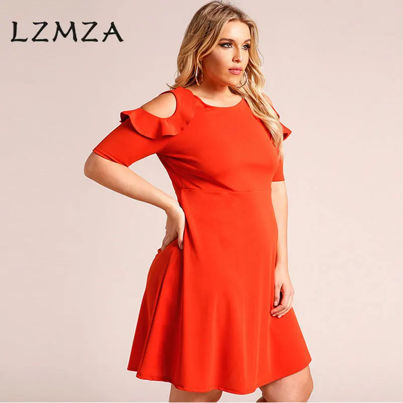 LZMZA Ruffles dress 2018 summer women short Sleeve Casual large size party O neck plus A-Line vestido de festa | Женская одежда
