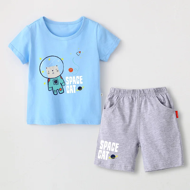 1 sky blue Одежда для мальчиков из чистого хлопка с принтом «Космический Кот»; коллекция года; дышащий повседневный комплект для мальчиков; очаровательный спортивный костюм; детские летние костюмы для мальчиков - Цвет: 1 sky blue