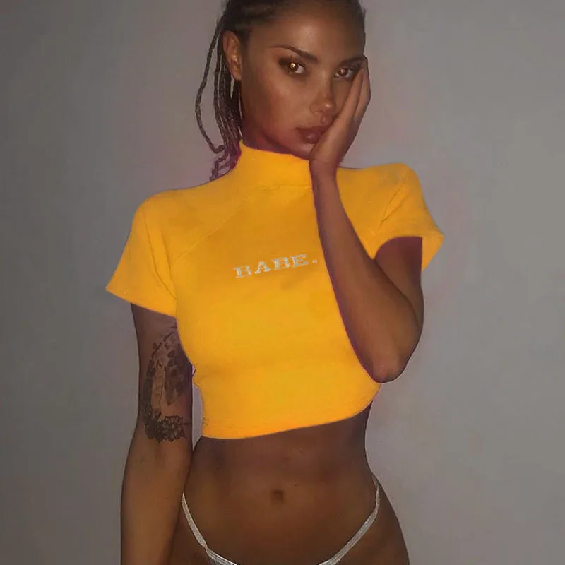Shstyle Высокая макет шеи Babe буквы печати короткий рукав трикотажная футболка для