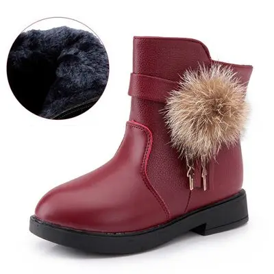 Wine Red Plush Г., кожаные теплые модные зимние ботинки для девочек подростковые зимние ботинки для детей, обувь для девочек детские ботинки принцессы TX242 - Цвет: Wine Red Plush