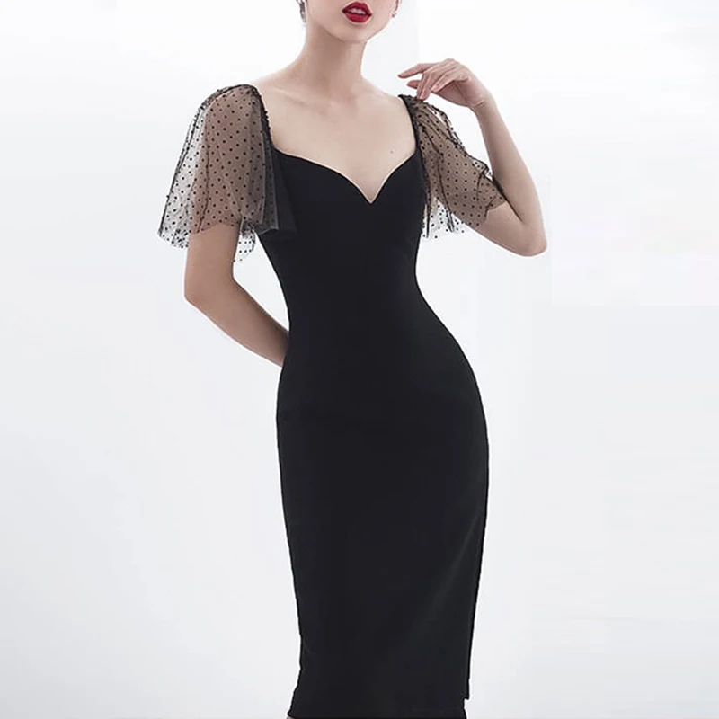 INDRESSME новое женское сексуальное Бандажное платье с коротким рукавом в горошек с открытой спиной до колена облегающее вечернее платье Черное Платье-футляр