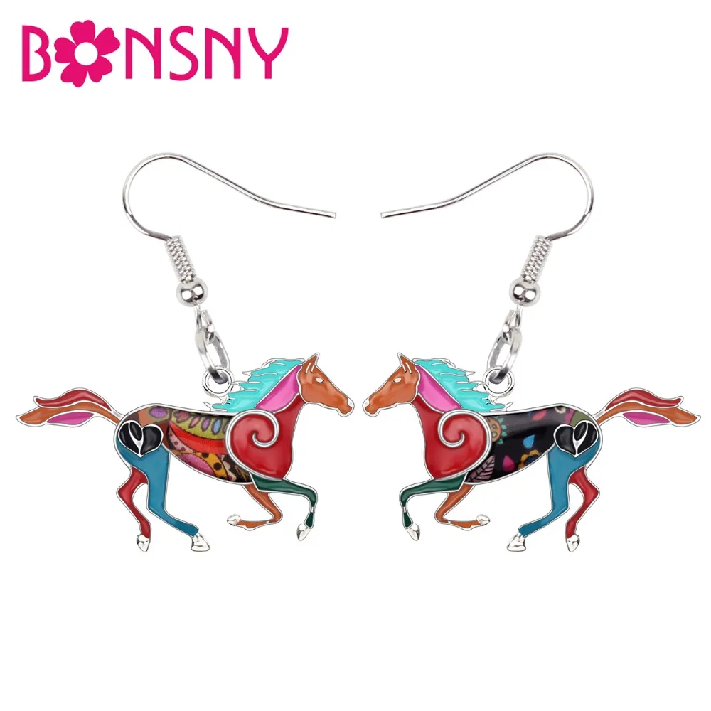 Женские серьги-подвески Bonsny из эмалированного сплава с цветами и лошадью для