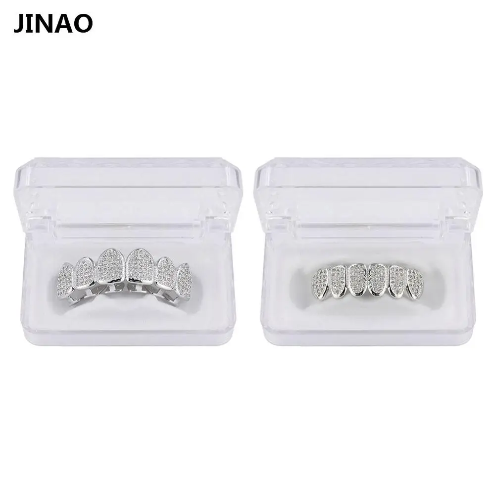 silver set JINAO новые пользовательские подходят хип-хоп ЗУБЫ грили позолоченные микро Pave CZ камни грили крышка верхней и нижней гриль набор для мужчин n женщин - Окраска металла: silver set