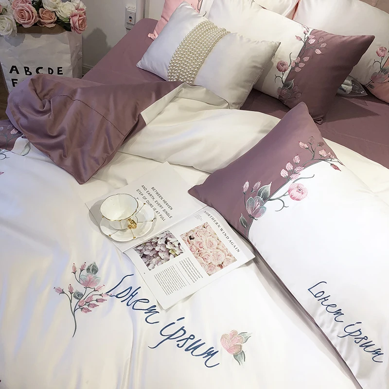 Роскошный комплект постельного белья из шелка и хлопка с цветочной вышивкой