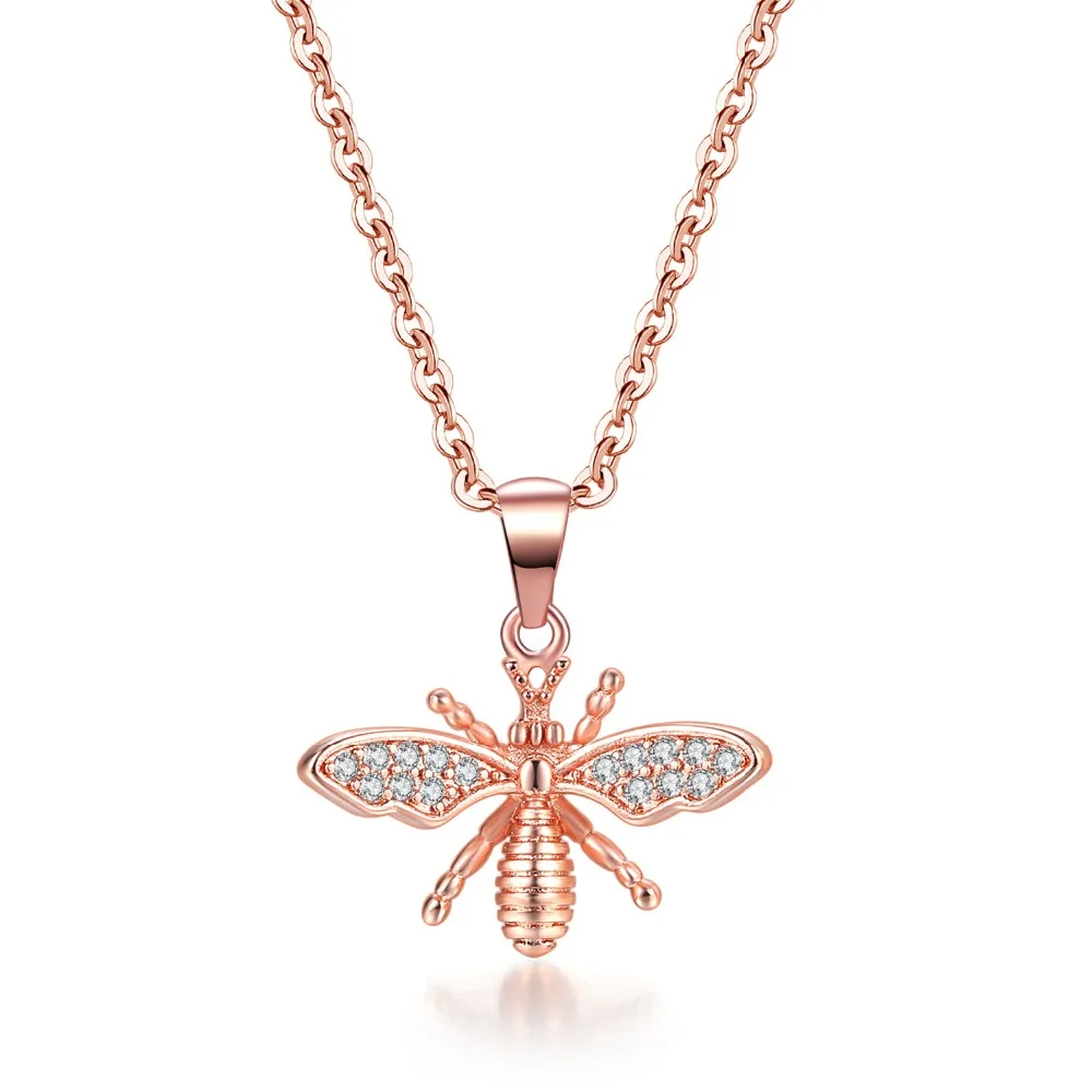

Fashion Cubic Zirconia Crystal Rose Gold Solid Bee Necklace Luxury Small Animal Pendant Necklace For Women Wedding Jewelry