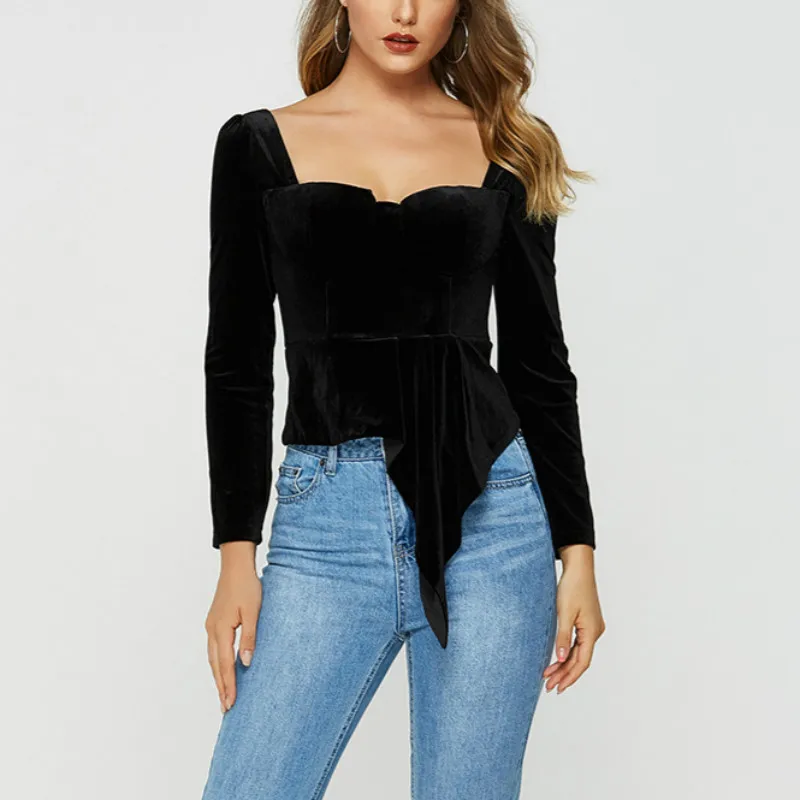 

Retro Boutique Velvet Blouse Women Long Sleeve Sexy Backless Square Collar Shirts Lady's Designer Vintage Blouses Party Clothing