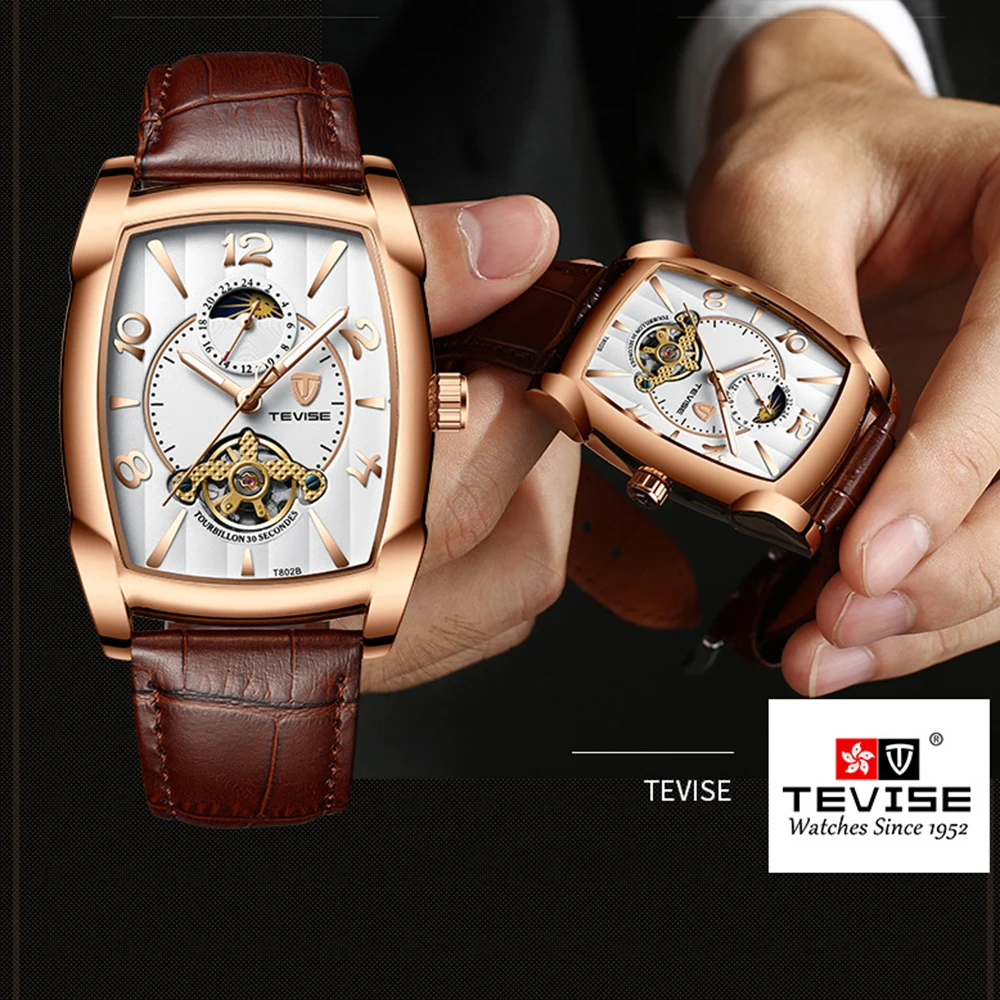 TEVISE Модные мужские автоматические часы Moon phase Tourbillon механические часы мужские кожаные спортивные наручные часы Relogio Masculino