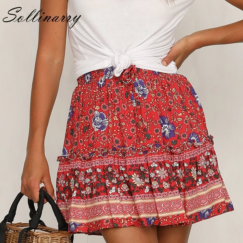 Sollinarry красные цветочные Boho шикарные женские юбки эластичная талия сексуальная