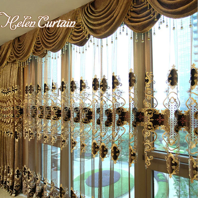 

Helen Curtain European Embroidered Luxury Curtains Chenille Valance Curtains For Living Room Thick Embroidered Tulle HC22