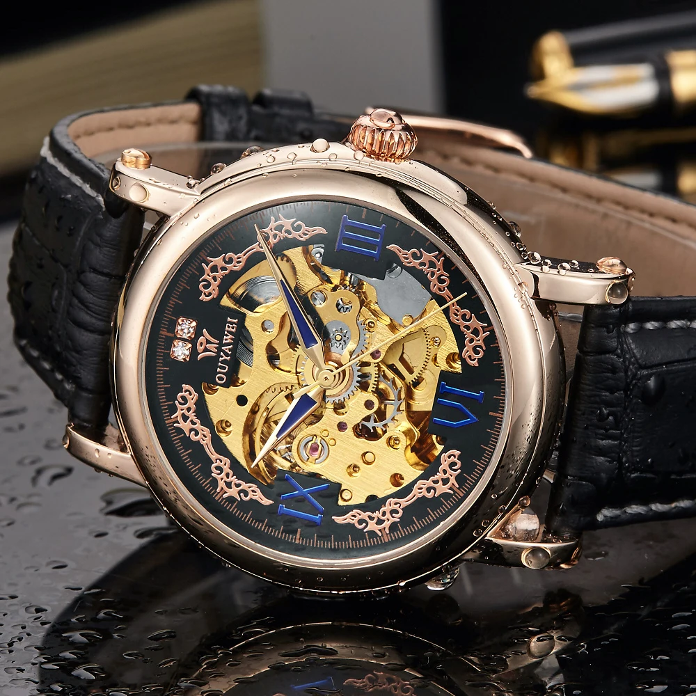 Часы Ouyawei 2017 Мужские механические с автоподзаводом роскошные чехлом из розового