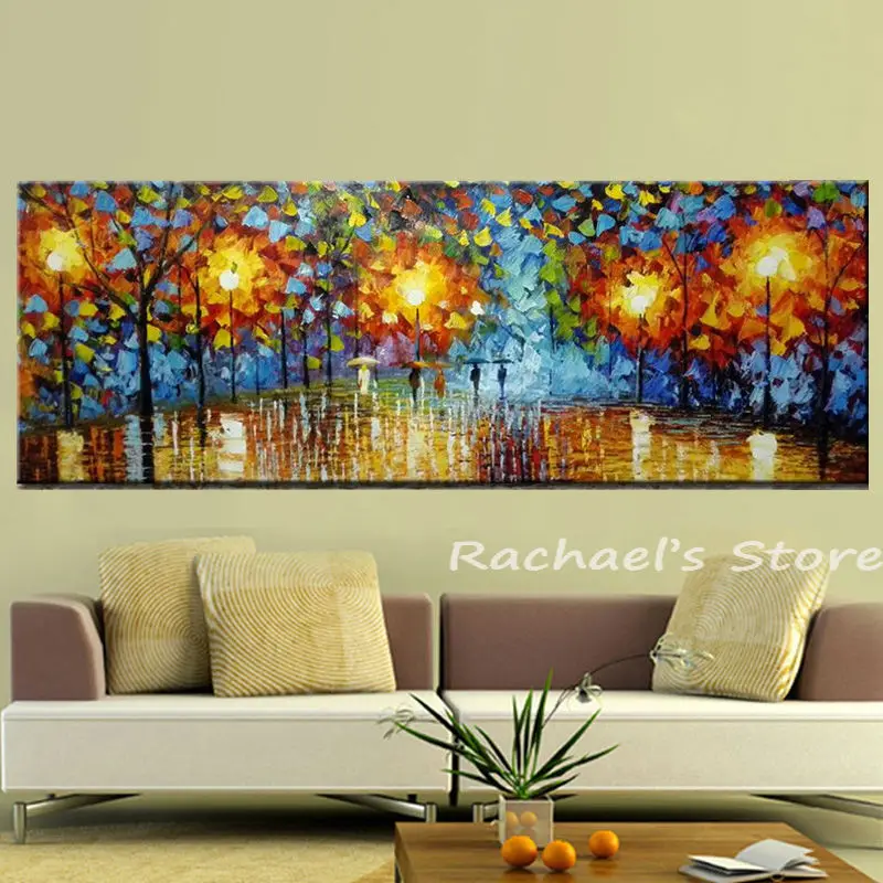 

100% Hand Painted Rainy Night Lamp Landscape Home Decor Wall Art Picture Hand Made Palette Knife Oil Painting On Canvas No Frame