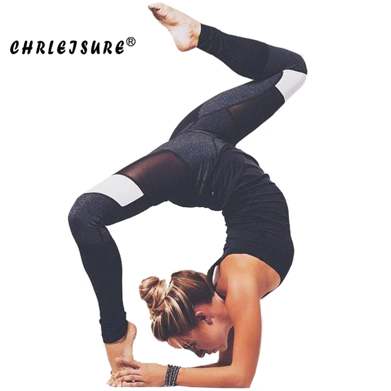 Женские леггинсы для фитнеса CHRLEISURE черно белые эластичные с сетчатой вставкой