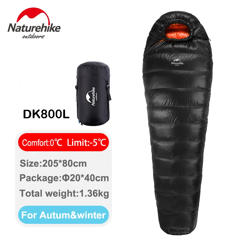DK800Lblack-orange Naturehike сверхлегкий спальный мешок с утиным пухом для мам, взрослых, кемпинга, походов, альпинизма, зимний теплый спальный мешок-12 C/10,4 F - Цвет: DK800Lblack-orange